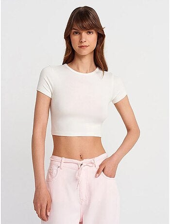 T-shirt Crop Femme Coupe Slim À Col Rond