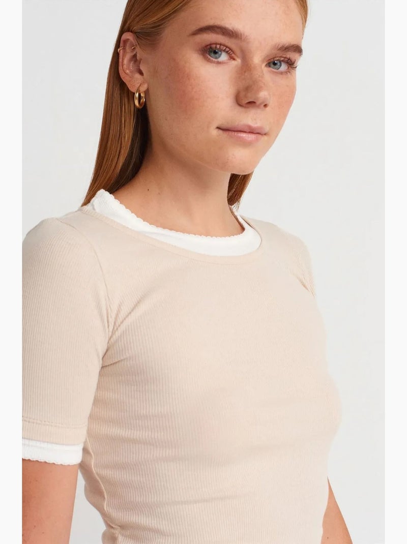 T-shirt crop femme coupe slim à col rond dilvin Beige clair - Kiabi