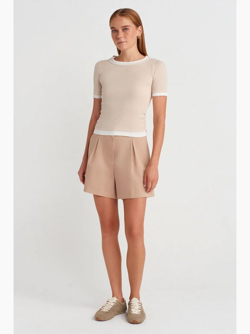 T-shirt crop femme coupe slim à col rond dilvin Beige clair - Kiabi