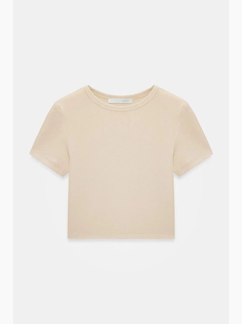 T-shirt crop femme coupe slim à col rond dilvin Beige clair - Kiabi