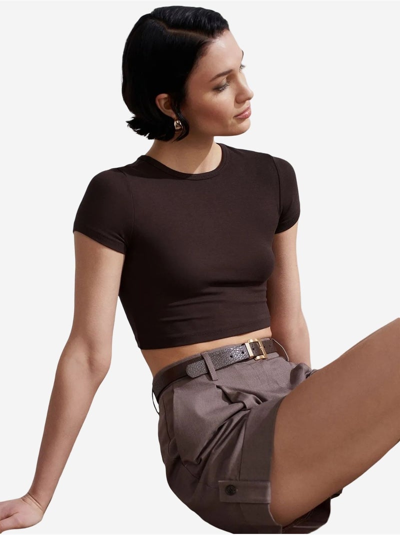 T-shirt Crop Femme Coupe Slim À Col Rond Marron chocolat - Kiabi