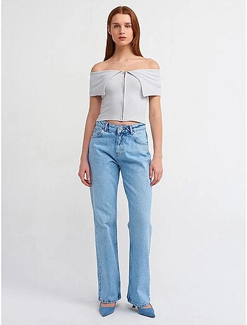 T-shirt crop femme épaules dénudées à fermeture éclair dilvin