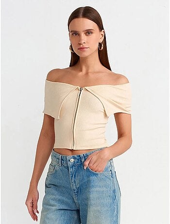 T-shirt crop femme épaules dénudées à fermeture éclair dilvin