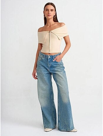 T-shirt crop femme épaules dénudées à fermeture éclair dilvin