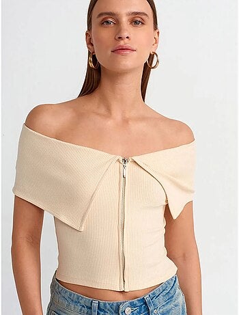 T-shirt crop femme épaules dénudées à fermeture éclair dilvin