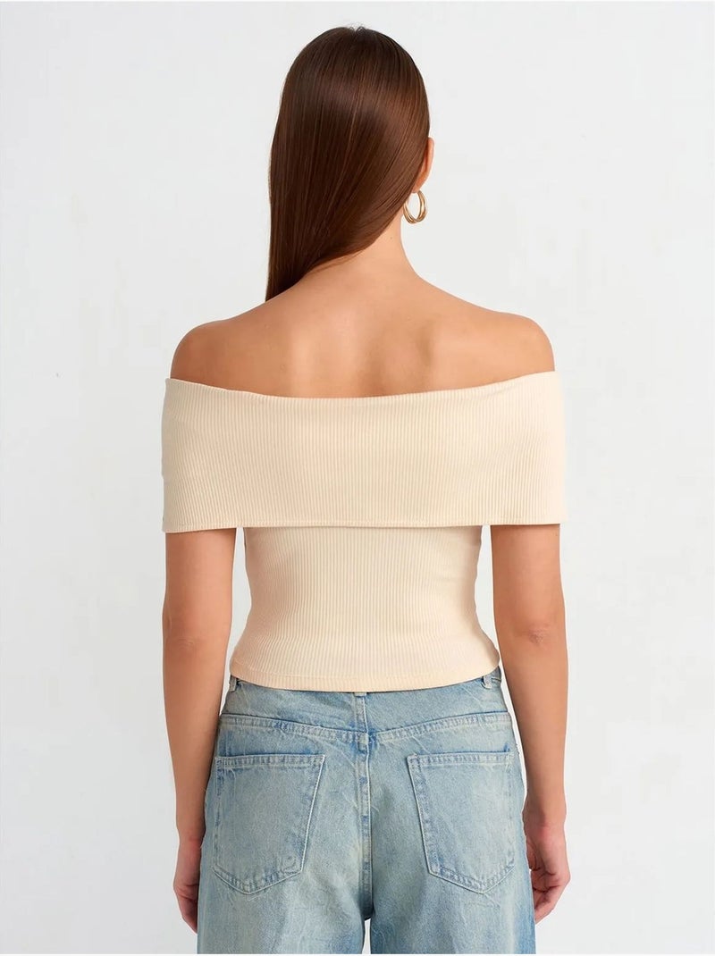 T-shirt crop femme épaules dénudées à fermeture éclair dilvin Crème - Kiabi