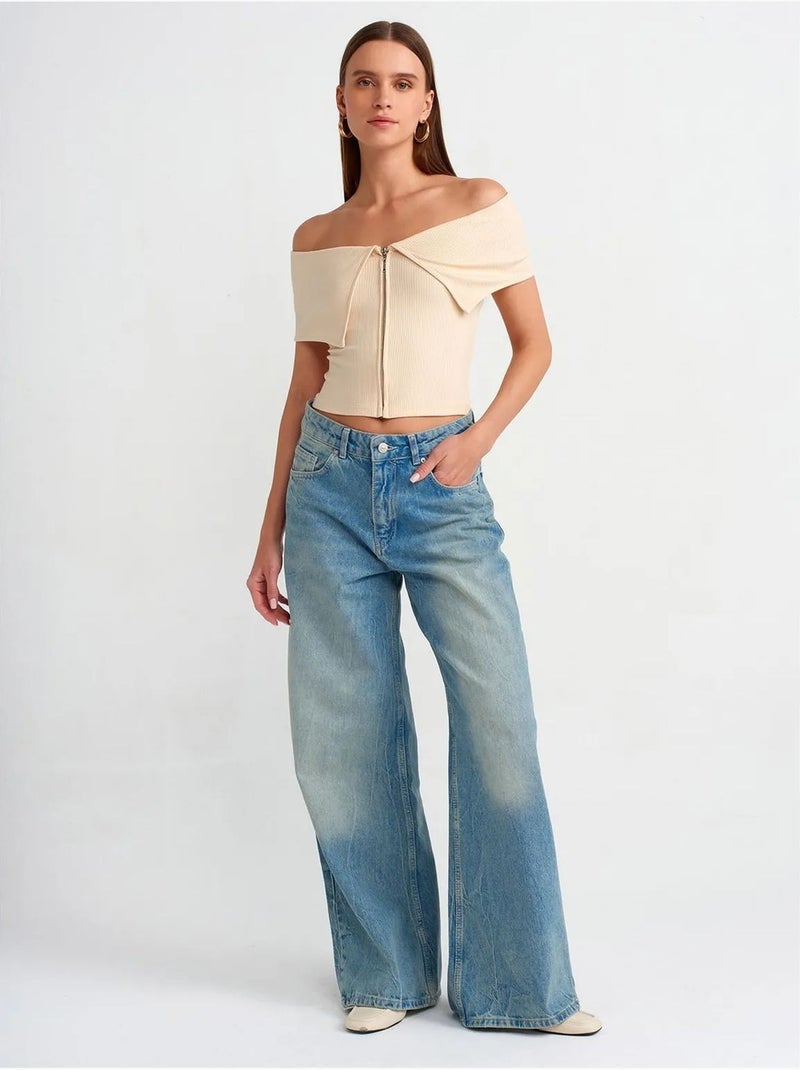 T-shirt crop femme épaules dénudées à fermeture éclair dilvin Crème - Kiabi