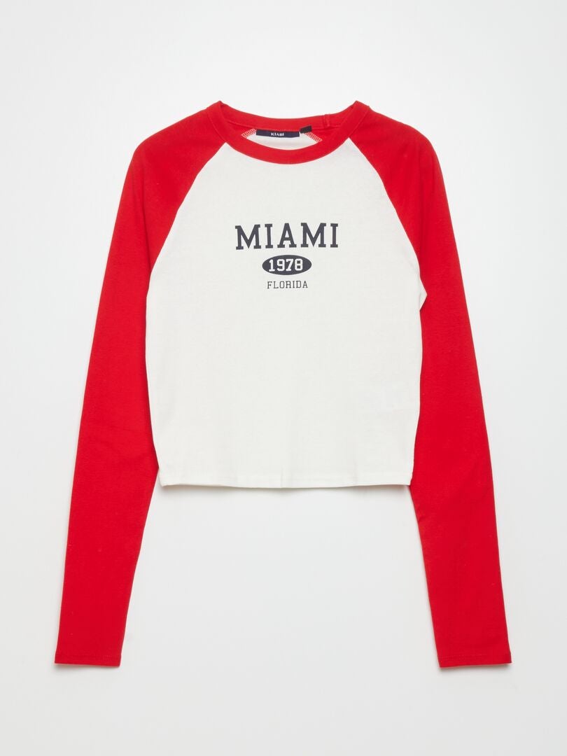 T-shirt crop 'Miami' manches longues Blanc/rouge - Kiabi