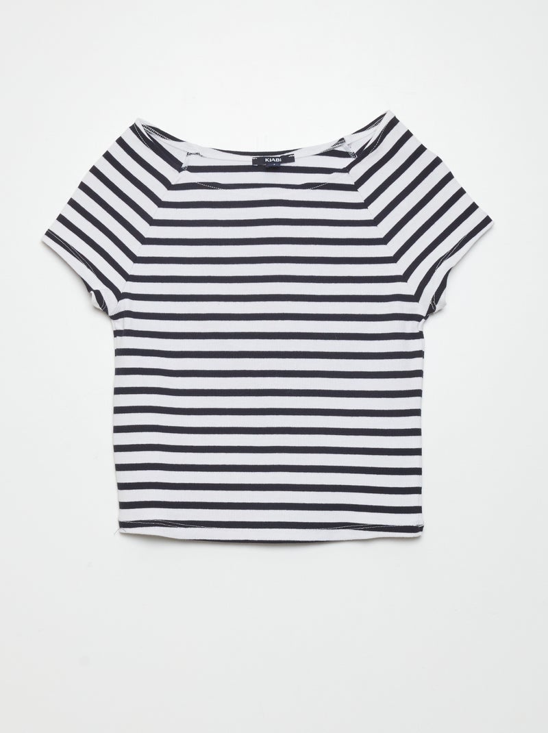 T-shirt crop top côtelé Blanc/noir - Kiabi
