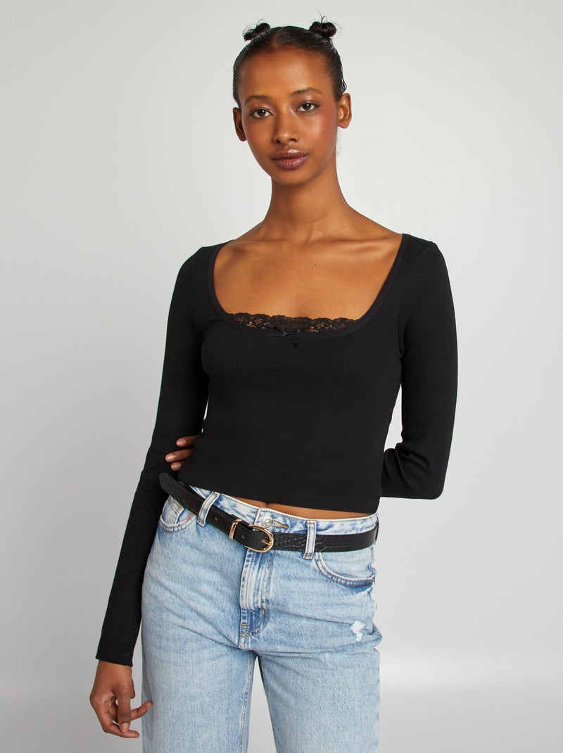 T-shirt crop top côtelé manches longues noir - Kiabi