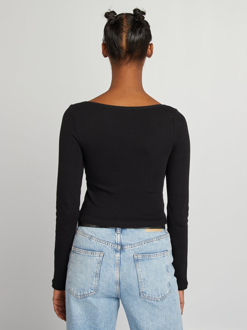 T-shirt crop top côtelé manches longues noir - Kiabi