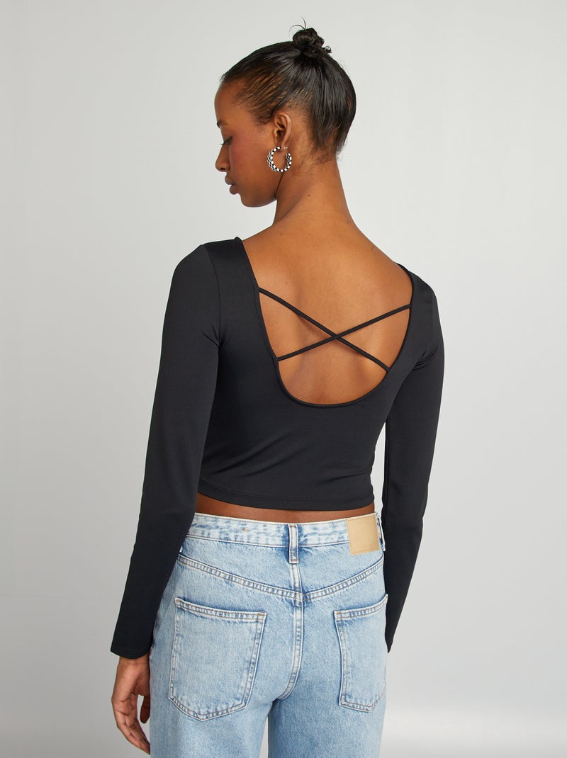 T-shirt crop top croisé au dos noir - Kiabi