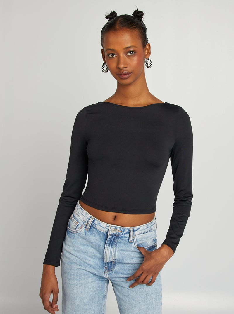 T-shirt crop top croisé au dos noir - Kiabi