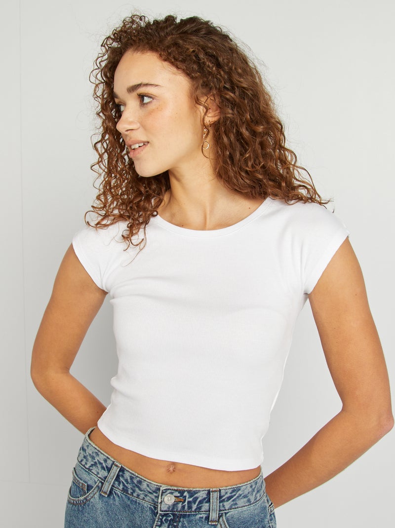 Top Crop Top Femme Manches Courtes - Col Rond - Tissu Stretch (95% Coton, 5% élasthanne) - Motif Carreaux - Marque RSJ