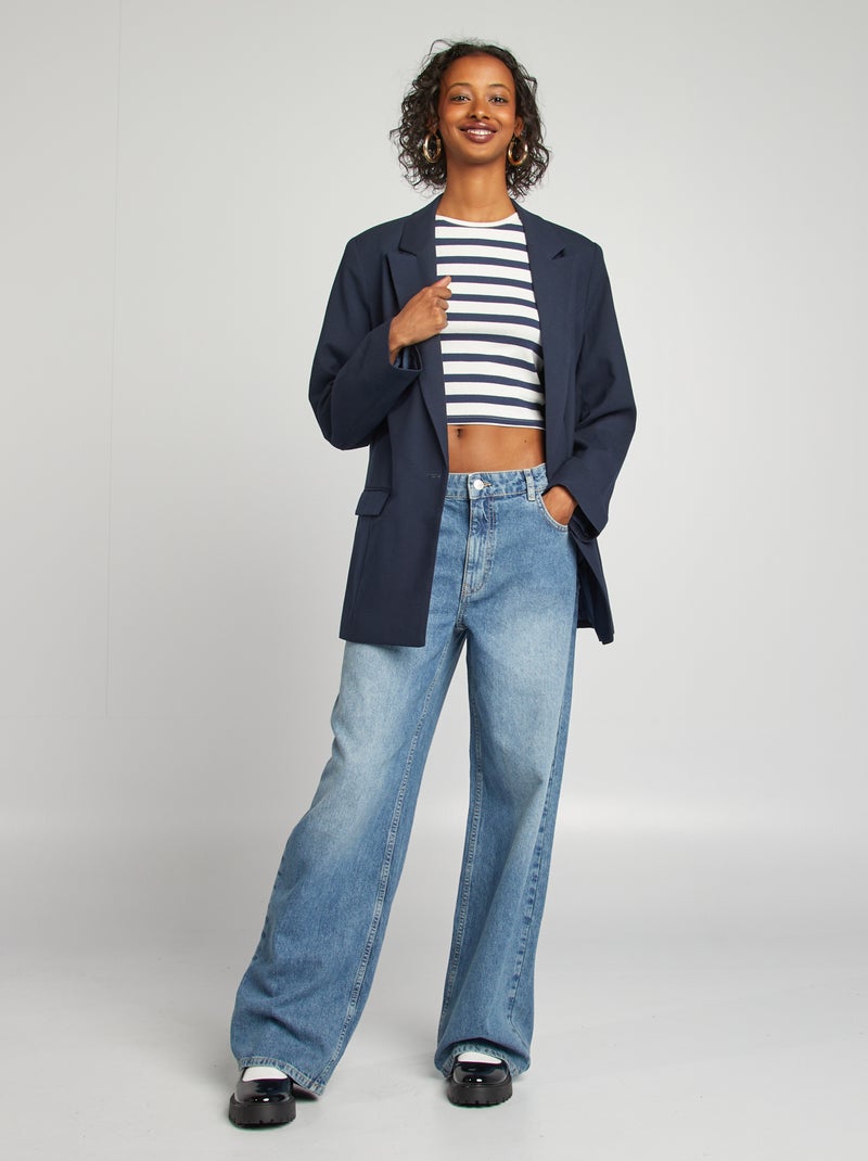 T-shirt crop top manches courtes Blanc/marine - Kiabi