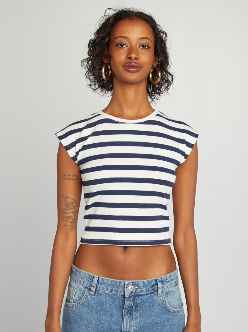 T-shirt crop top manches courtes Blanc/marine - Kiabi