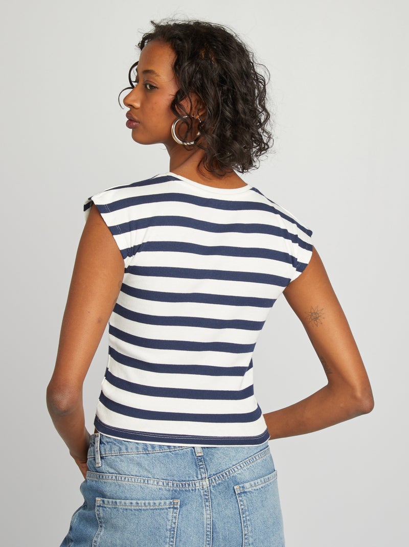T-shirt crop top manches courtes Blanc/marine - Kiabi