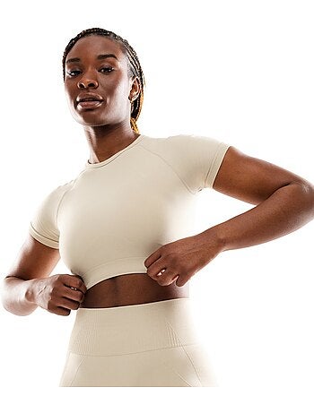 T-shirt crop top sport manches courtes sans couture femme fitness femme steam