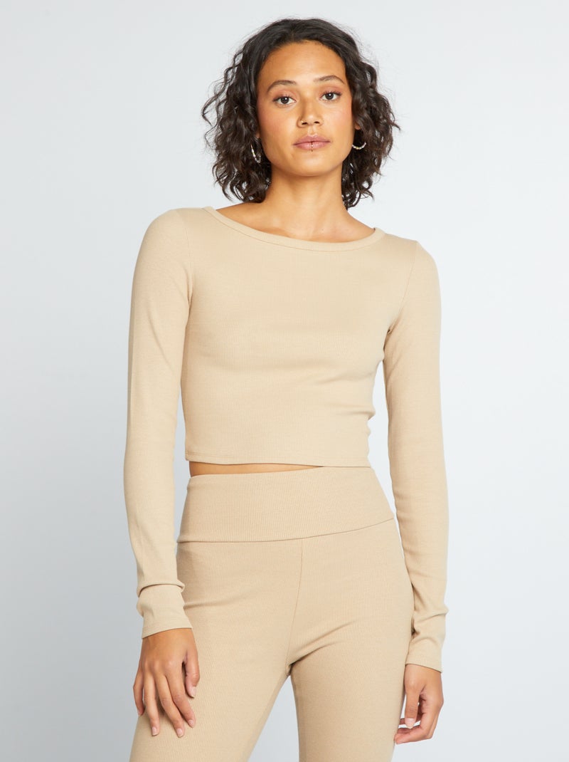 T-shirt cropped côtelé Beige - Kiabi