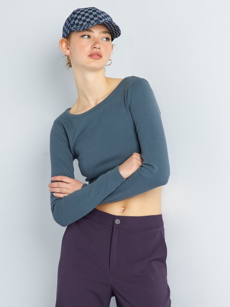T-shirt cropped côtelé Gris - Kiabi