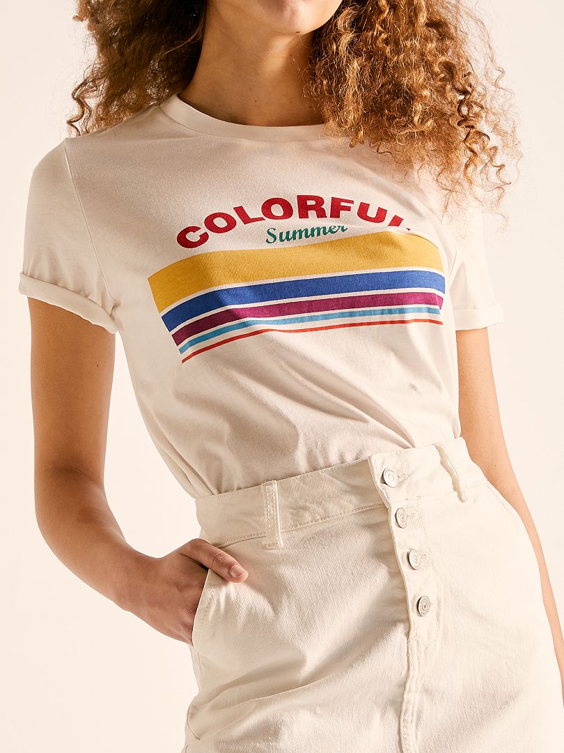 T-shirt cropped écru colorful - Kiabi