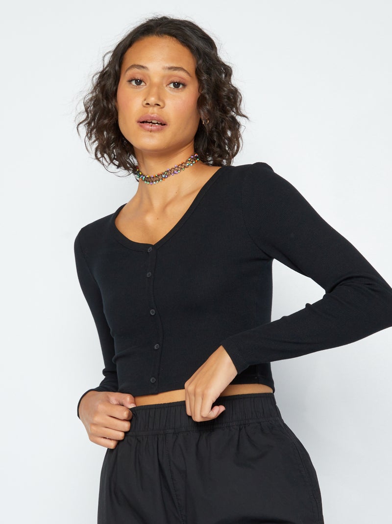T-shirt cropped en maille côtelée noir - Kiabi