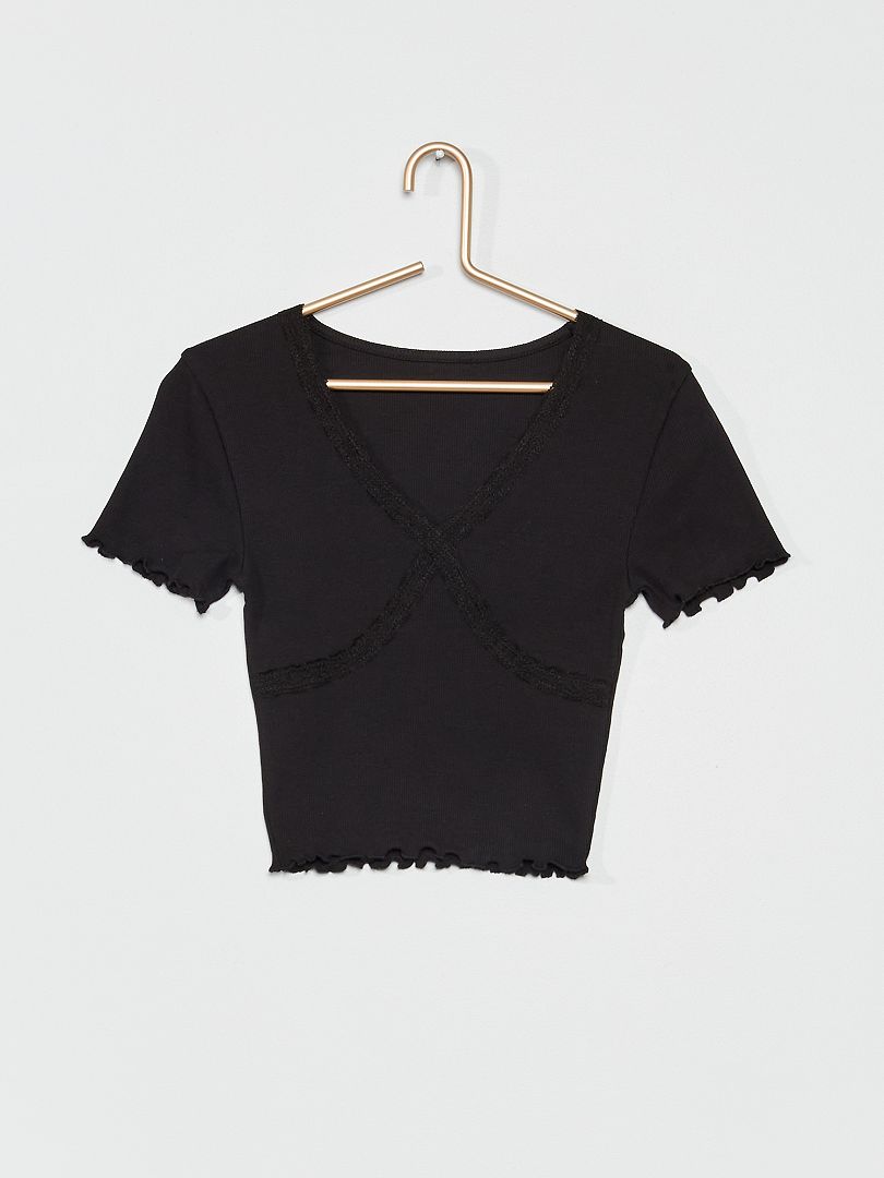 T-shirt cropped encolure V noir - Kiabi