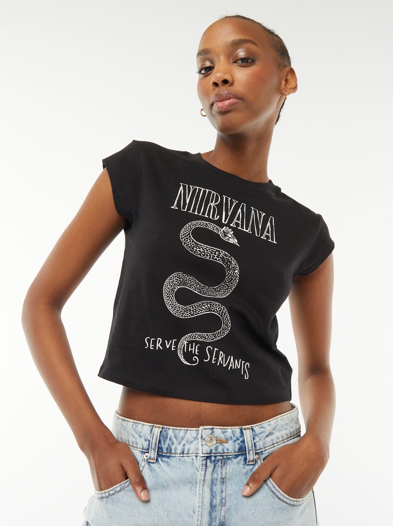 T-shirt cropped fit manches courtes imprimé 'Nirvana' Noir - Kiabi