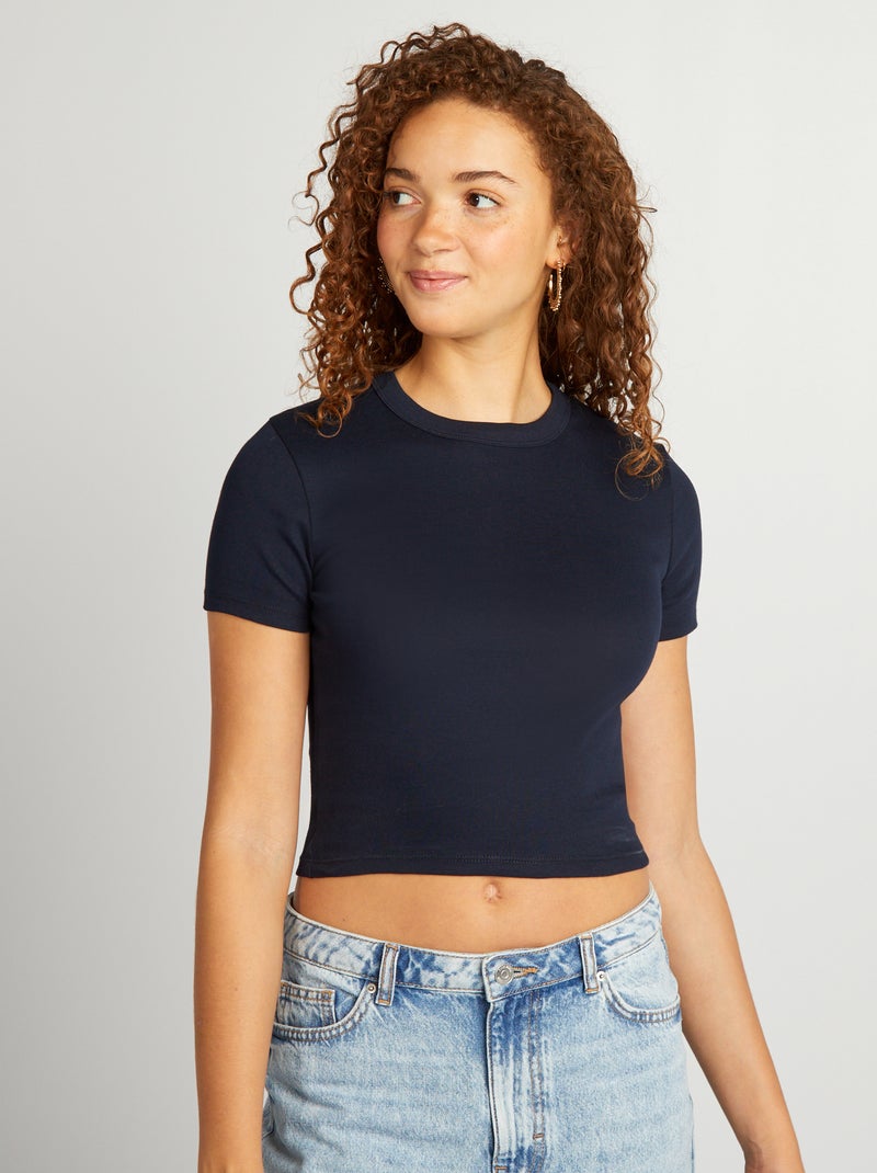 T-shirt cropped manches courtes bleu marine - Kiabi