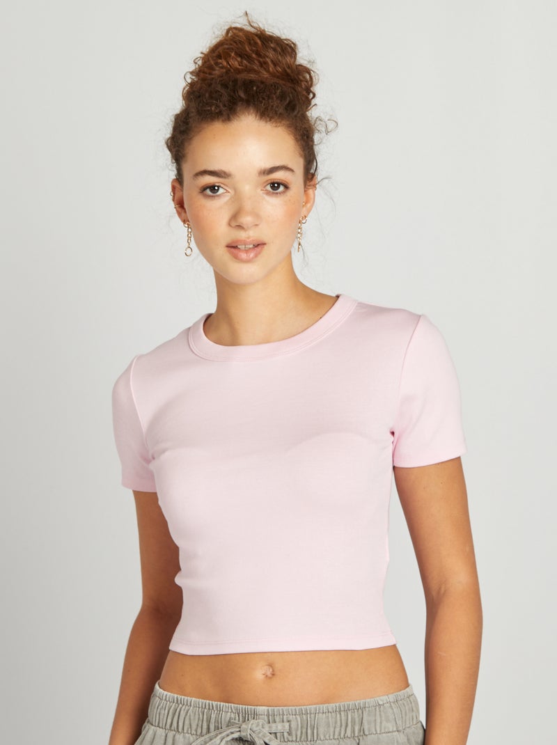 T-shirt cropped manches courtes rose - Kiabi