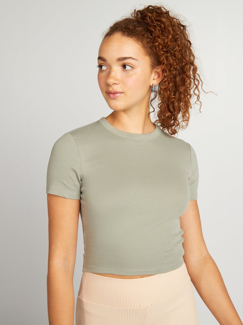 T-shirt cropped manches courtes Vert sauge - Kiabi