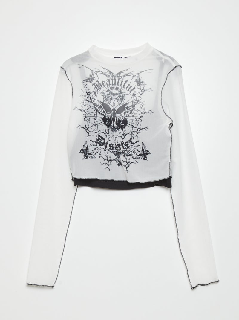 T-shirt cropped résille transparente Blanc/noir - Kiabi