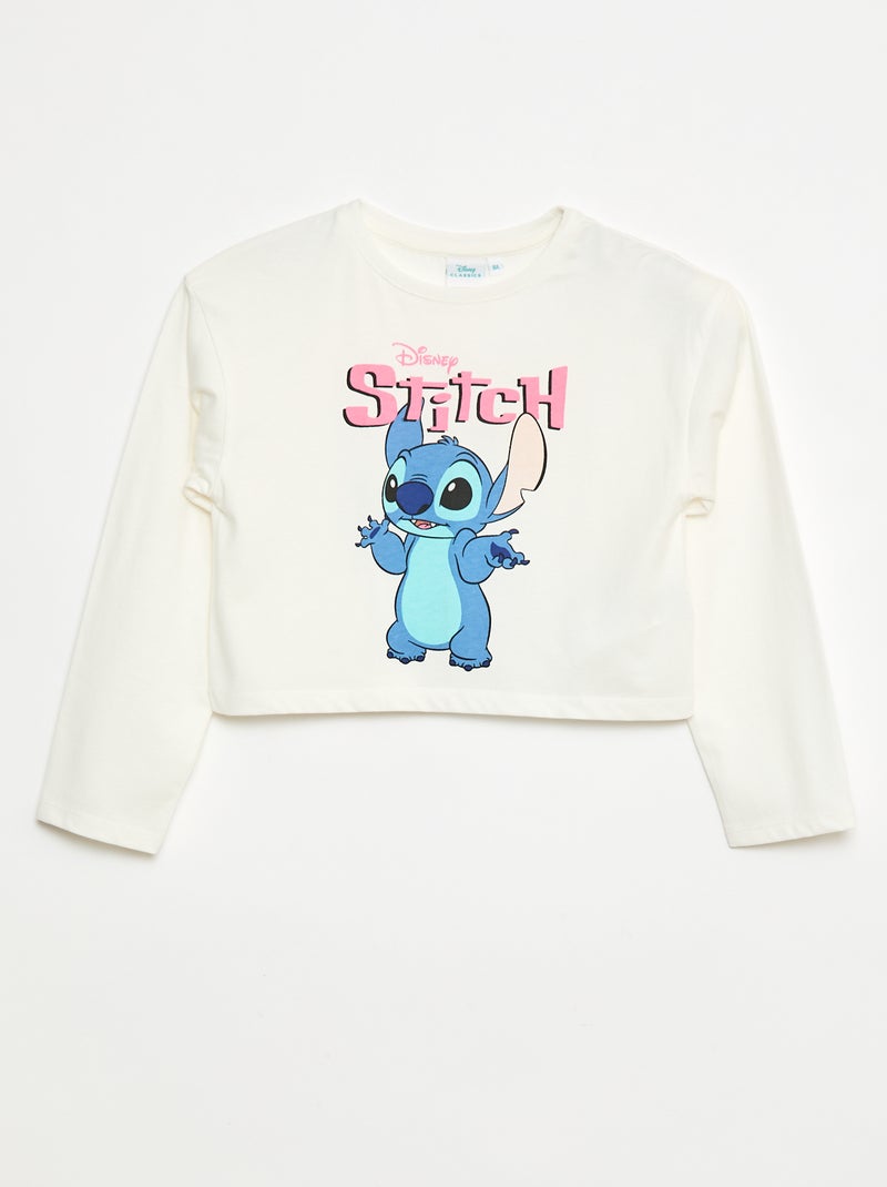 T-shirt cropped 'Stitch' à manches longues et col rond Blanc - Kiabi