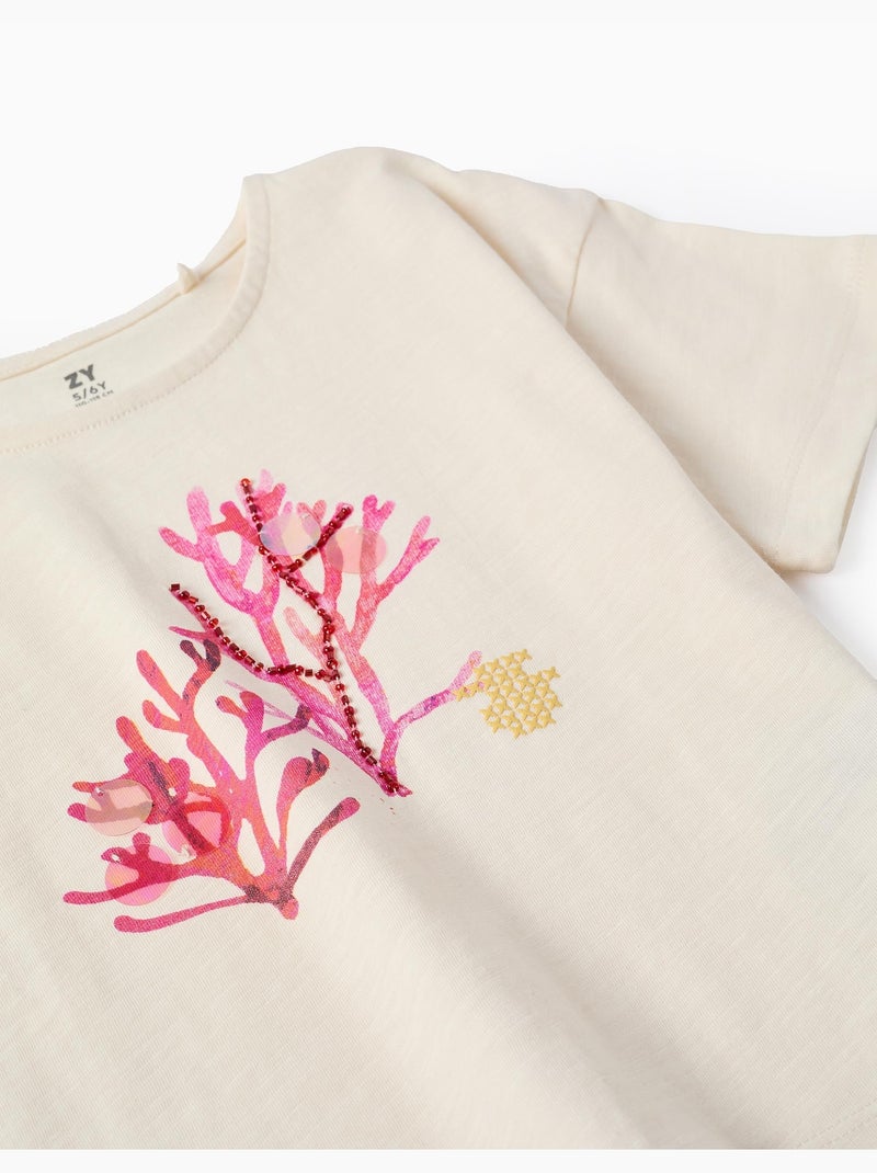 T-shirt de Coton avec Paillettes et Perles Beige clair - Kiabi
