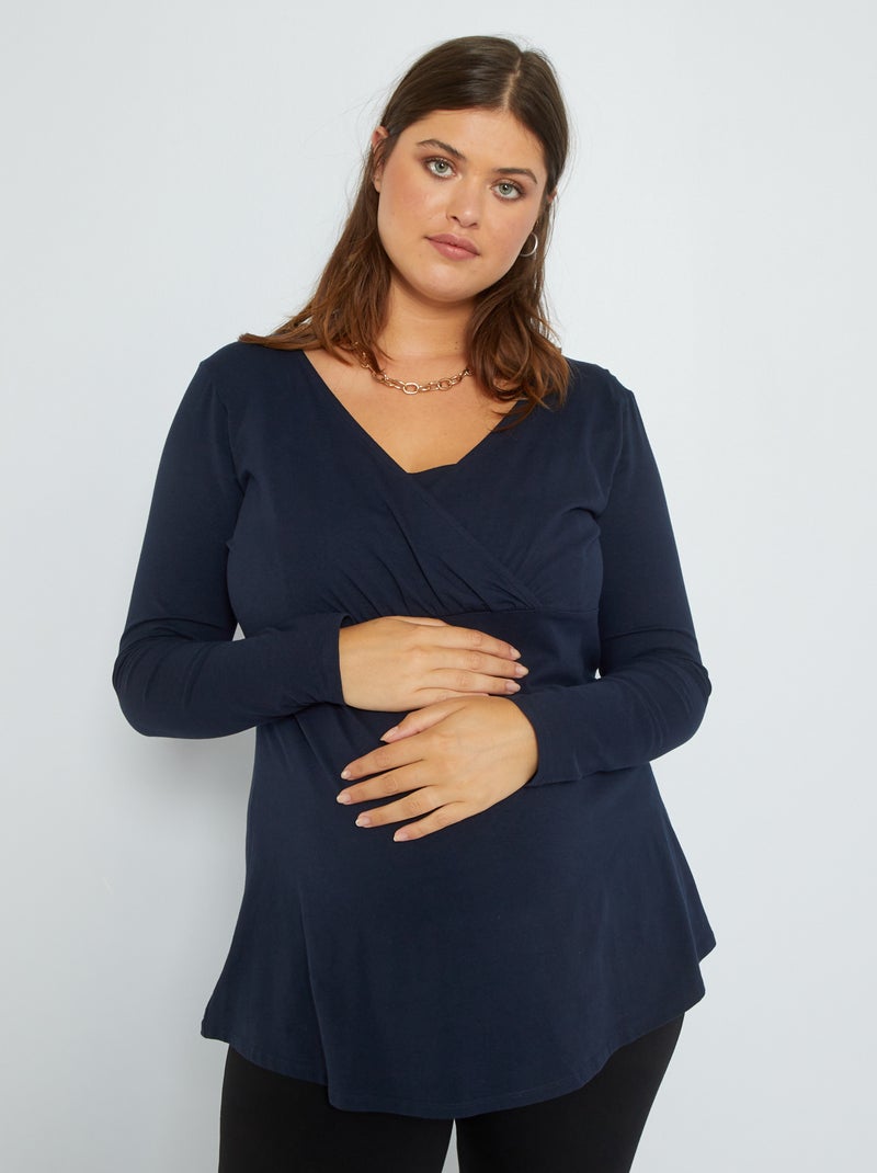 T-shirt de grossesse col cache-cœur bleu marine - Kiabi