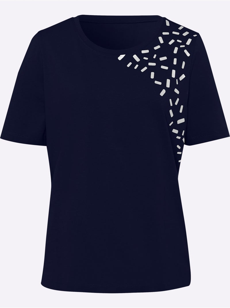 T-shirt de loisirs à encolure ronde avec imprimé brillant - Taille standard - Moda Vilona Bleu marine - Kiabi