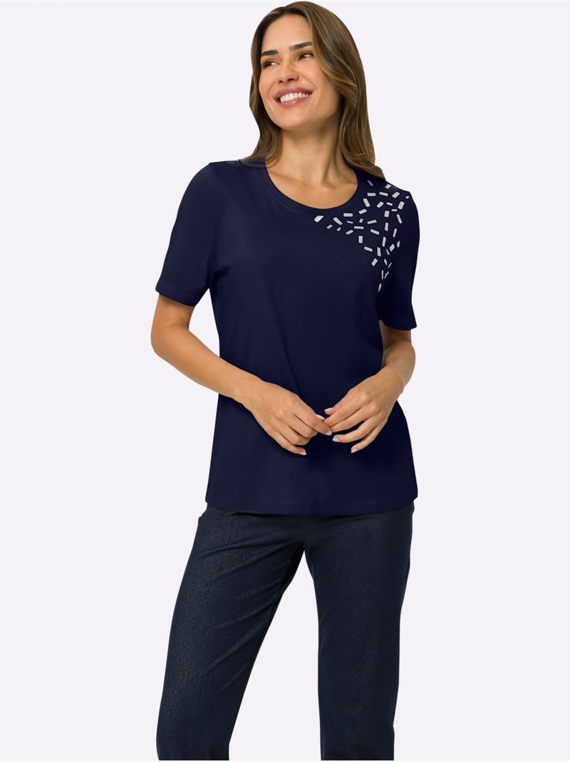 T-shirt de loisirs à encolure ronde avec imprimé brillant - Taille standard - Moda Vilona Bleu marine - Kiabi
