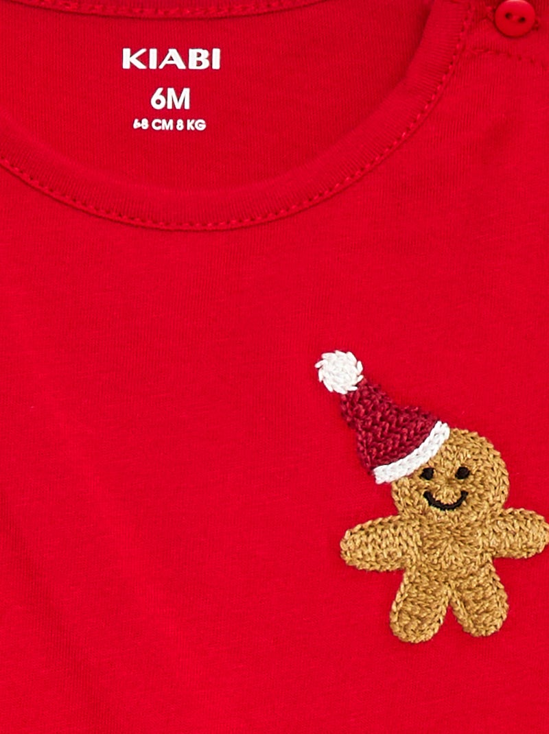 T-shirt de Noël avec broderie à la poitrine Rouge - Kiabi