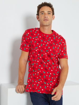 T-shirt De Noël Femme - Imprimé Verre à Vin Rouge, Manches Trois-quarts, Col Rond