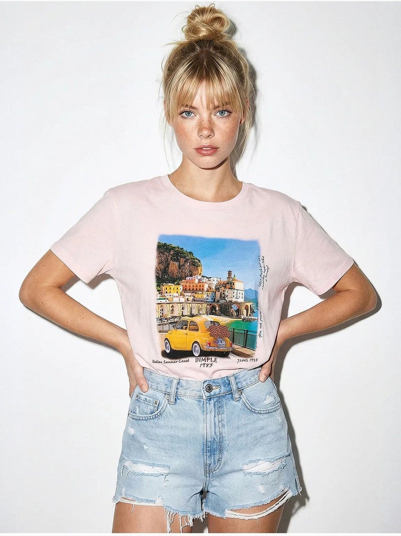 T-shirt décontracté imprimé à col rond lucci Rose pâle - Kiabi
