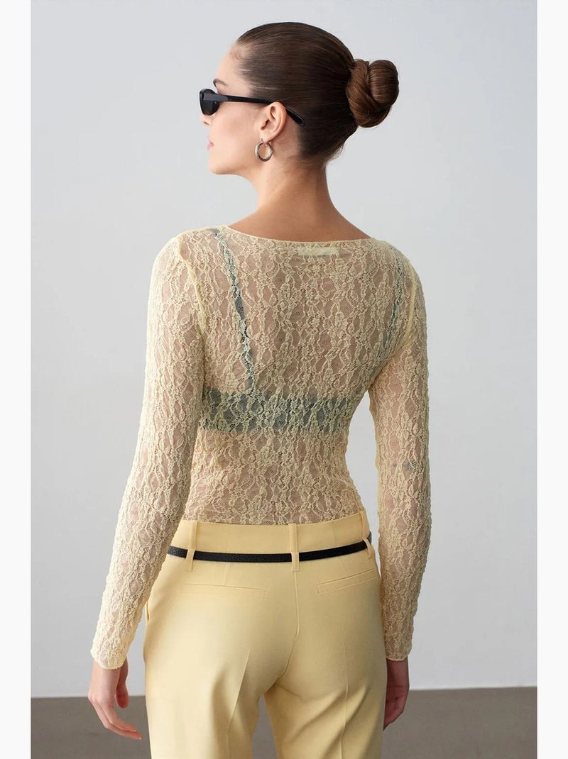 T-shirt dentelle col bateau manches longues dilvin Beige argile - Kiabi
