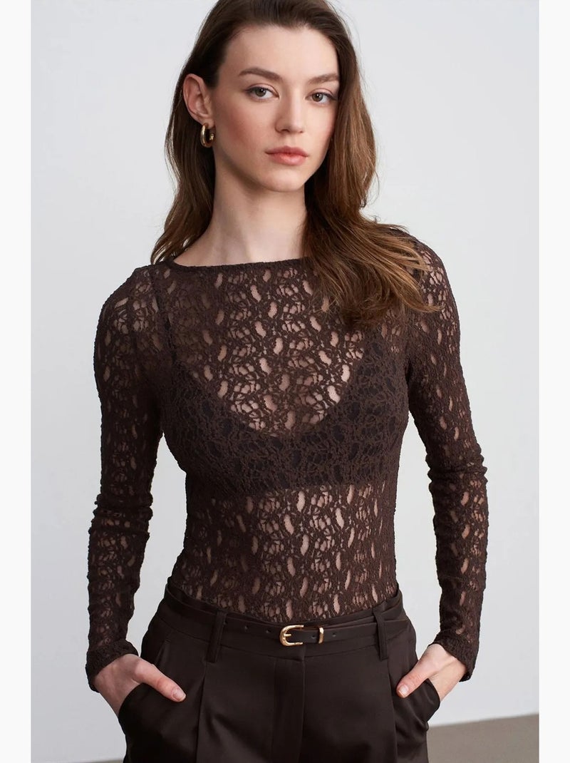 T-shirt dentelle col bateau manches longues dilvin Marron chocolat - Kiabi
