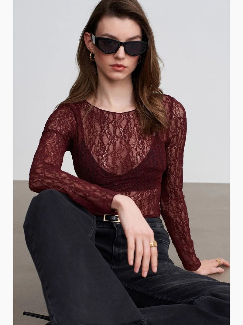 T-shirt dentelle col bateau manches longues dilvin Rouge bordeaux - Kiabi