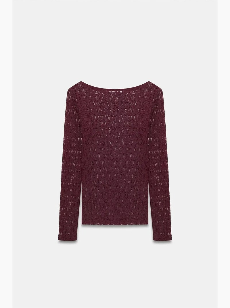 T-shirt dentelle col bateau manches longues dilvin Rouge bordeaux - Kiabi