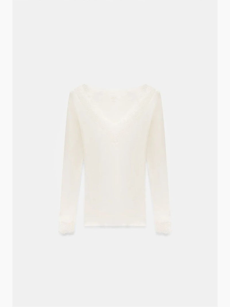 T-shirt dentelle col v manches longues dilvin Blanc cassé - Kiabi