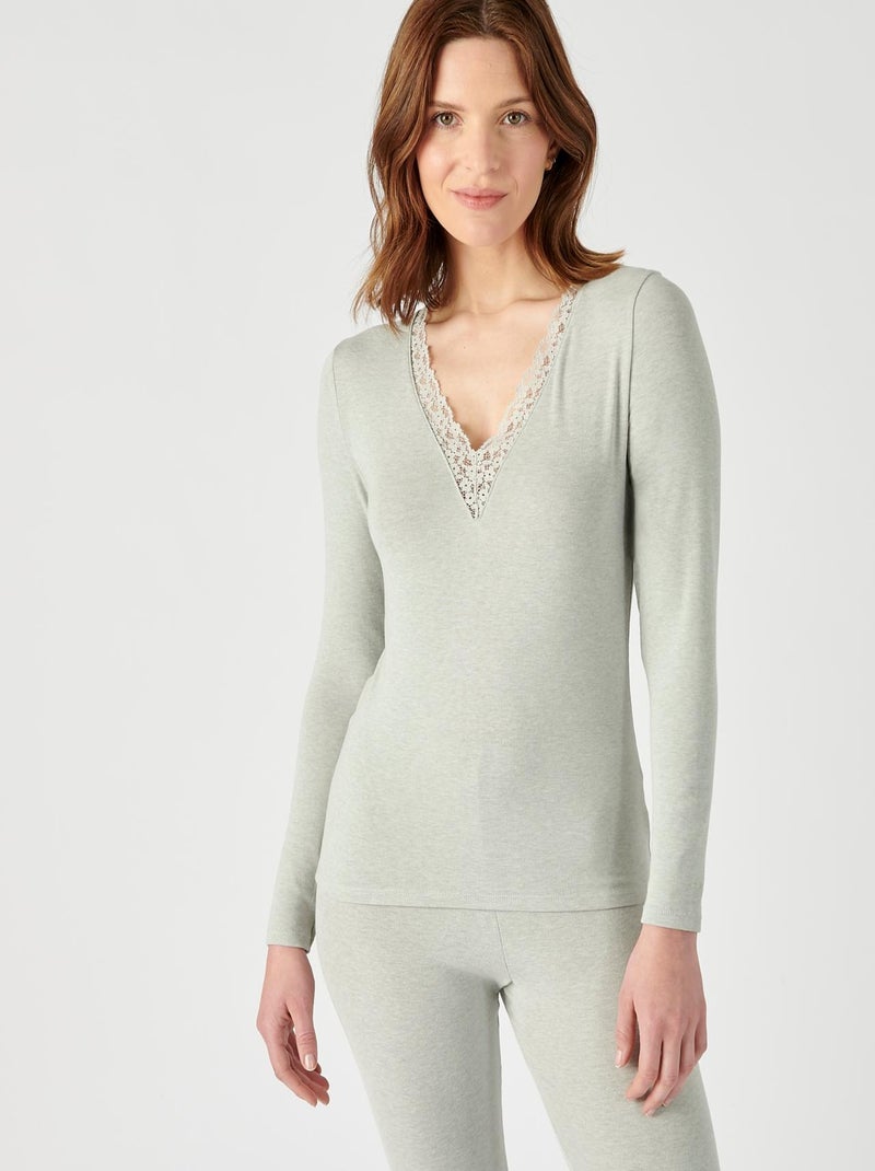 T-shirt dentelle manches longues Thermolactyl Sensitive - Damart Gris chiné - Kiabi