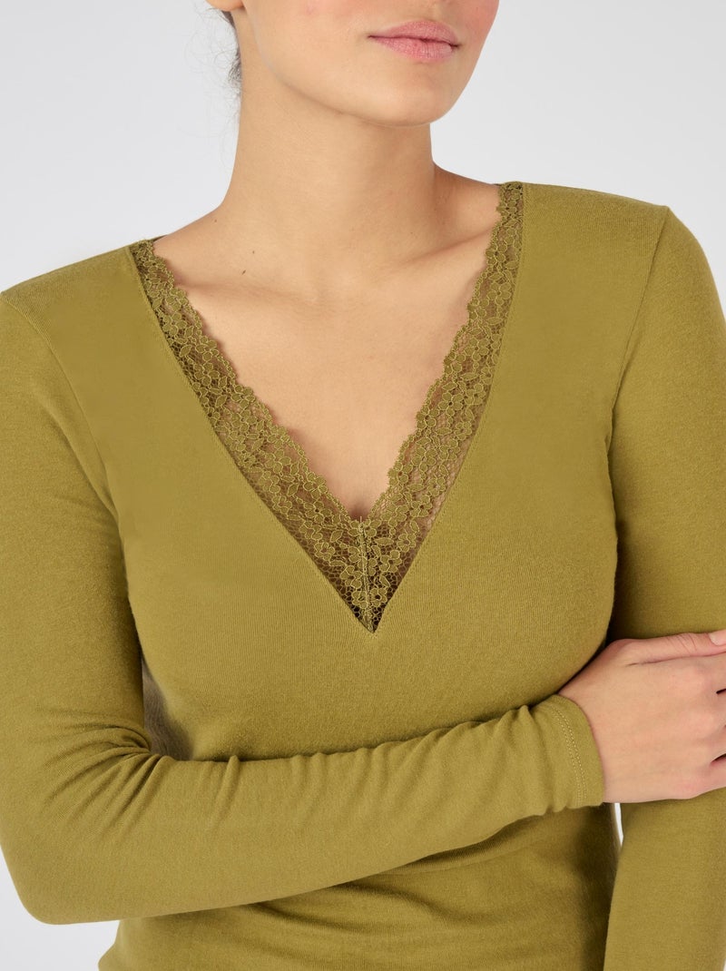 T-shirt dentelle manches longues Thermolactyl Sensitive - Damart Vert - Kiabi