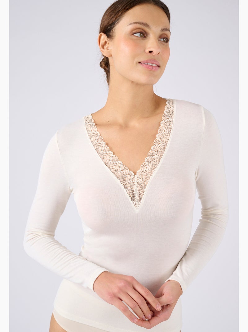 T-shirt dentelle manches longues thermolactyl sensitive thermique - damart Blanc - Kiabi