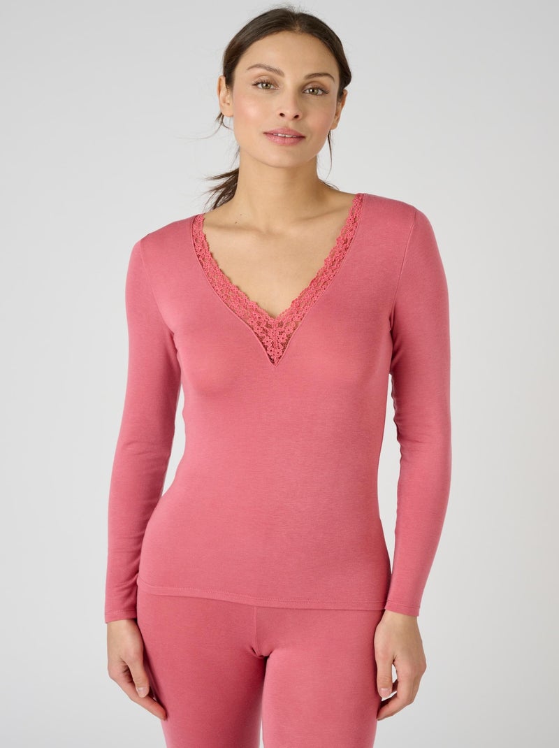 T-shirt dentelle manches longues Thermolactyl Sensitive thermique - Damart Rose - Kiabi