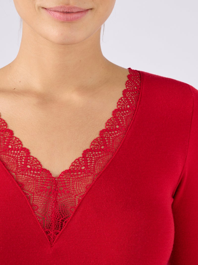 T-shirt dentelle manches longues Thermolactyl Sensitive thermique - Damart Rouge - Kiabi